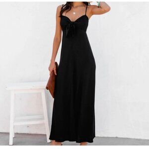 Olivaceous Spaghetti Strap Tie Front Maxi Dress in Black